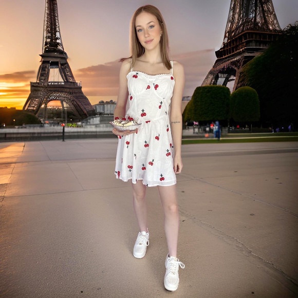 NEW Cherry print dress sundress summer dress cute dresses white dresses cherry d - Picture 2 of 3